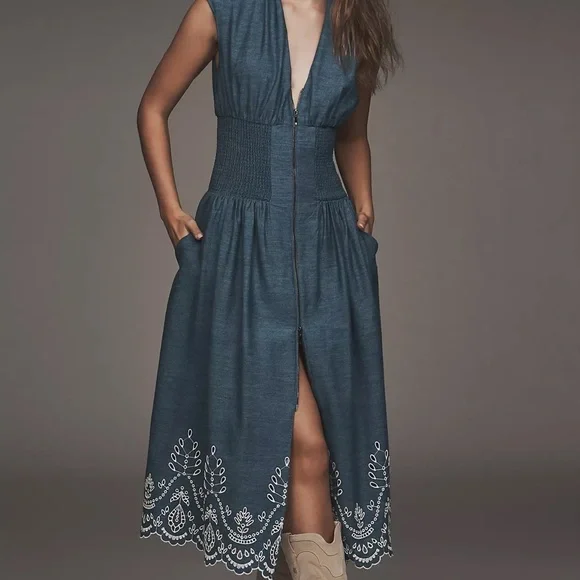 NWT Anthropologie Tommie Denim Chambray Zip Eyelet Embroidered Trim Dress Medium - Picture 1 of 6